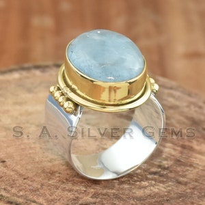 Natural Aquamarine 925 Sterling Silver Ring - Two Tone Handmade Gemstone Ring