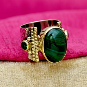 Natural Malachite Ring 925 Sterling Silver Ring, Wide Band Ring, Two Tone Ring, Textured Ring, Malachite and Green Cz Ring, Handmade Jewelry