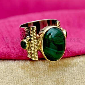 Natural Malachite Ring: 925 Sterling Silver Wide Band with Green CZ