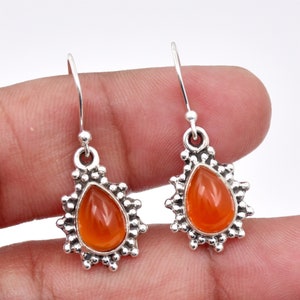 Natural Carnelian 925 Sterling Silver Dangle Earrings: Orange Gemstone Jewelry
