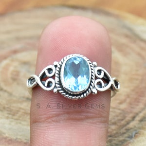 Blue Topaz Ring, 925 Sterling Silver Ring, Stackable Ring, Faceted Gemstone Crystal Jewelry, Wedding Ring, December Birthstone Ring Gift Her