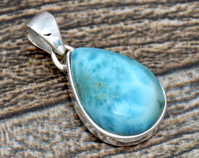 Solid Silver Pendant Pear Gemstone Pendant Handmade Pendant For Necklace Natural Larimar Silver Pendant Dominican Blue Larimar Pendant