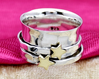 Spinner Ring, Sterling Silver Ring, Handmade Ring For Woman, Meditation Ring, Star Spinner Ring, Wide band silver jewelry, Gift For Her