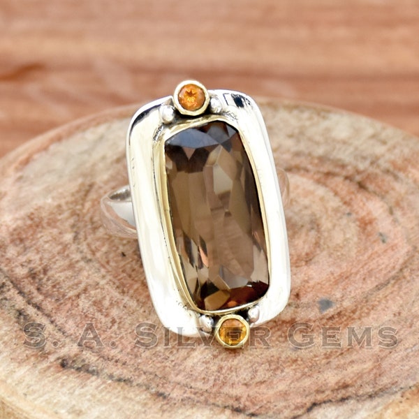 Smokey Quartz & Citrine Ring, Modern Design Ring, 925 Sterling Silver Ring, Handmade Ring, Two Tone Ring, Wedding Ring, Dainty Gift For Her