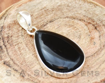 Pear Black Onyx Pendant: Handmade 925 Sterling Silver