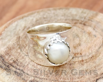 Biwa Pearl Ring, Wide Band Ring, 925 Sterling Silver Ring, Fresh Water Pearl Ring, Wedding Ring, Anniversary Ring, Dainty Ring, Gift For Her