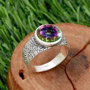 Mystic Topaz Ring, 925 Sterling Silver Men&#39;s Ring, Handmade Men&#39;s Ring, Gemstone Ring, Textured Ring, Men&#39;s Ring, Hammered Ring