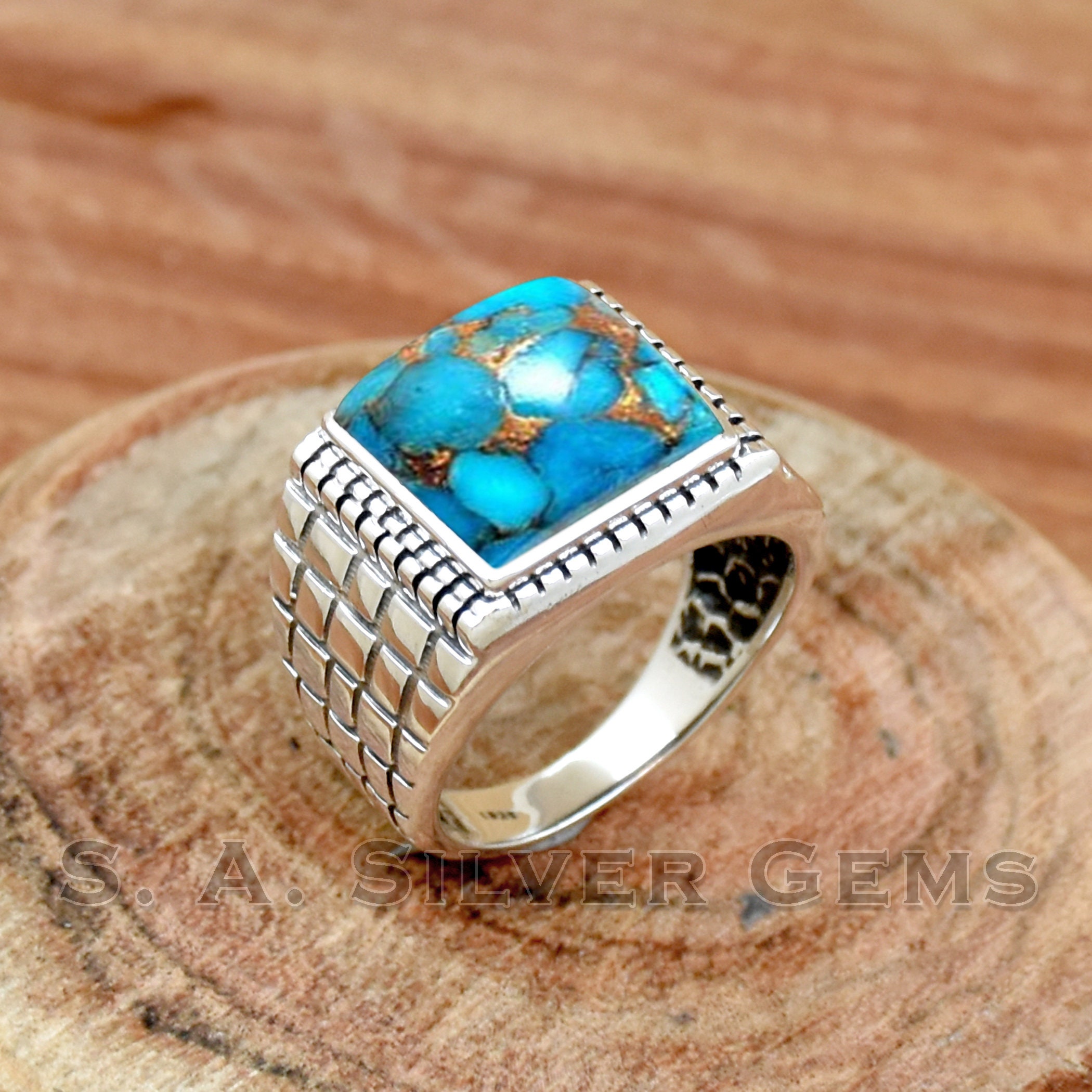 Anello Uomo In Argento 925 Con Turchese &ndash; Fatto A Mano In Turchia &ndash; Tutte Le Misure