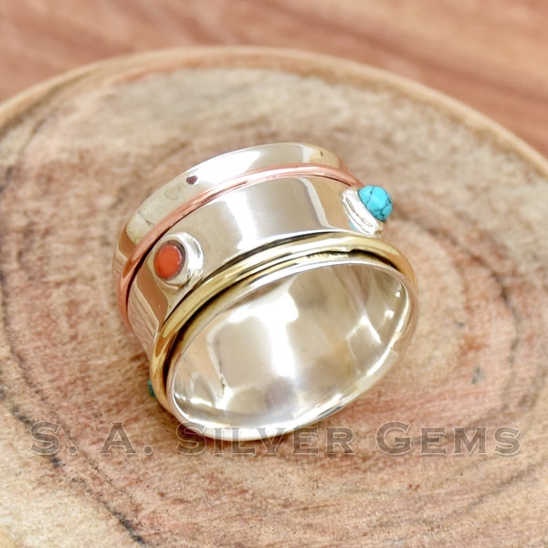 Turquoise And Red Coral Spinner Ring, Handmade Three Tone Ring, Wide Band Ring, 925 Sterling Silver Ring, Women Ring, Dainty Ring