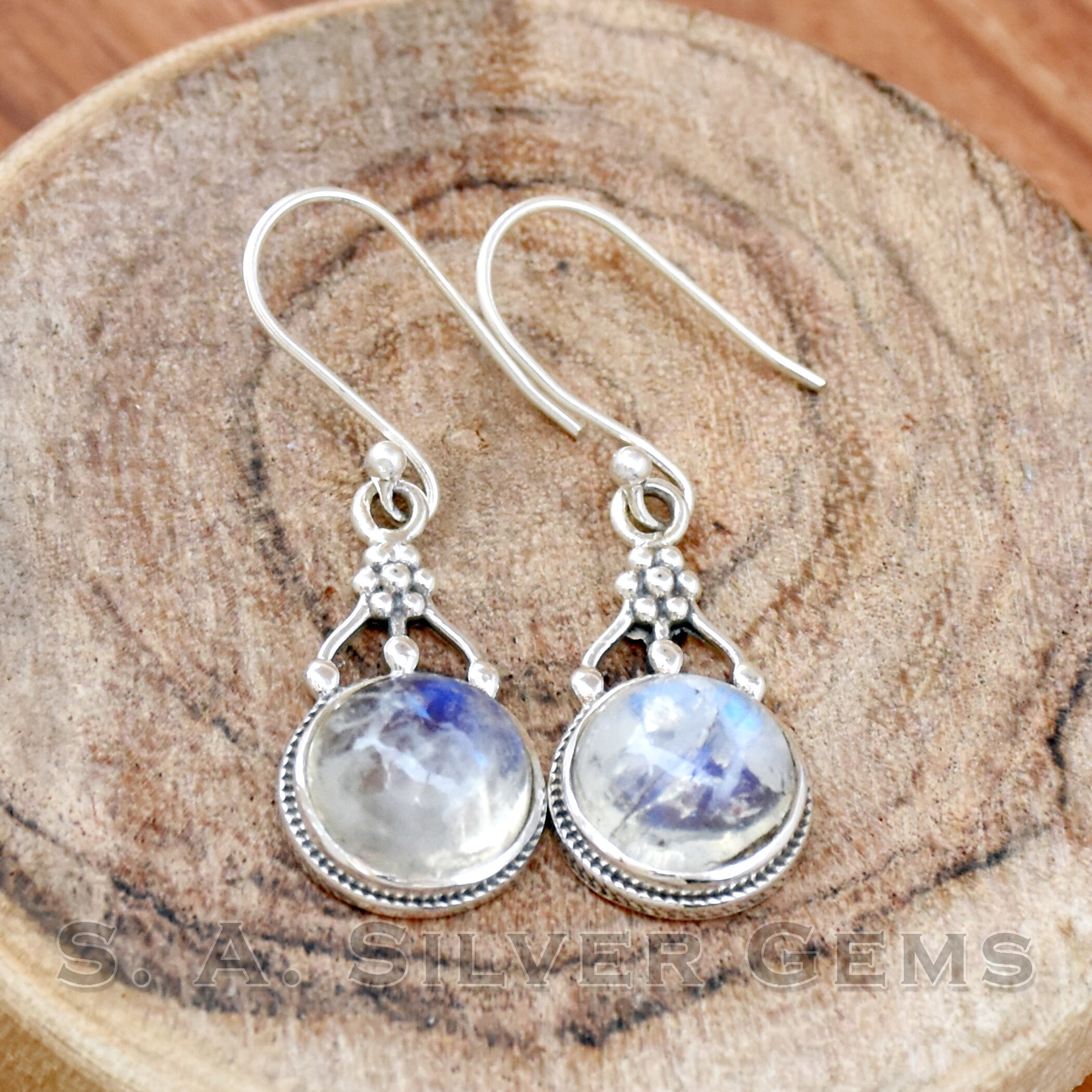 Boucles D'oreilles Femmes En Argent 925 - Pierres Naturelles (pierre De Lune, Grenat, Agate) - Style Bohème, Fait Main - Bijoux Fantaisie élégants - 2