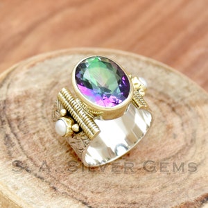 Mystic Topaz Pearl Ring: 925 Sterling Silver Two-Tone Boho Jewelry