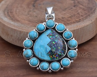 925 Sterling Silver Pendant, Mohave Turquoise Inlay Ethiopian Opal Pendants, Heart Boho Jewelry