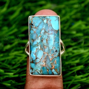 Baguette Blauer Kupfer Türkis Ring: Handgemachte 925 Sterling Silber Split Band