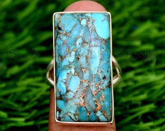 Baguette Blue Copper Turquoise Ring: Handmade 925 Sterling Silver Split Band