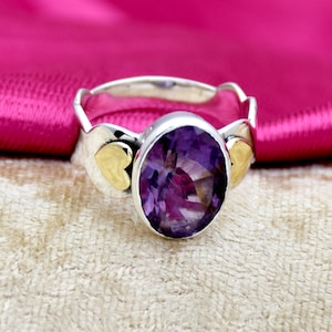 Amethyst Ring: 925 Sterling Silver, Brass Heart, Two Tone, Handmade Jewelry