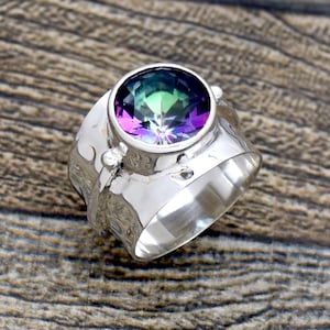 Mystic Topaz Ring, Wide Band Ring, Handmade Silver Ring, 925 Sterling Silver Ring, Hammered Silver Ring, Round Gemstone Ring Gift For Her