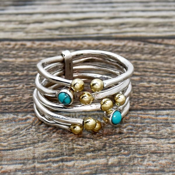Anillo de turquesa martillado en plata de ley 925: anillo ajustable de cinco bandas en dos tonos