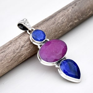 Indian Ruby Pendant, Handmade Silver Pendant, Ruby & Sapphire Pendant, Gemstone Pendant, Statement Pendant 925 Silver Handmade Jewelry