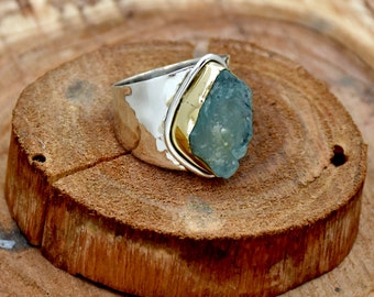 Natural Raw Aquamarine Ring 925 Sterling Silver Ring, Handmade Ring,  Uncut Gemstone Crystal Raw Stone Ring, Ring for women, Two tone ring