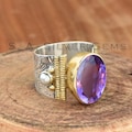 Handmade Amethyst & Pearl Ring: Two-Tone 925 Sterling Silver Wide Band