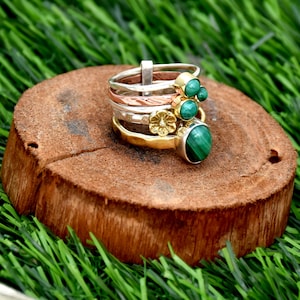 Natural Malachite Ring: 925 Sterling Silver Multi-Band Statement Ring