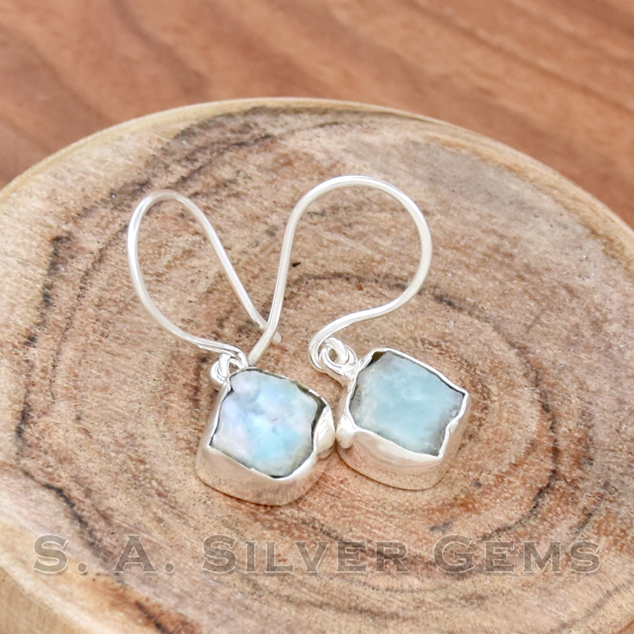 Handmade 925 Sterling Silver Larimar Earrings: Raw Stone Dangle Drop