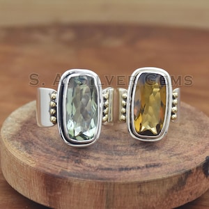Natural Amethyst & Honey Quartz Ring 925 Sterling Silver Ring, ,Wide Band Ring, Two Tone Ring,Wedding Ring,Gemstone Ring, Statement Ring