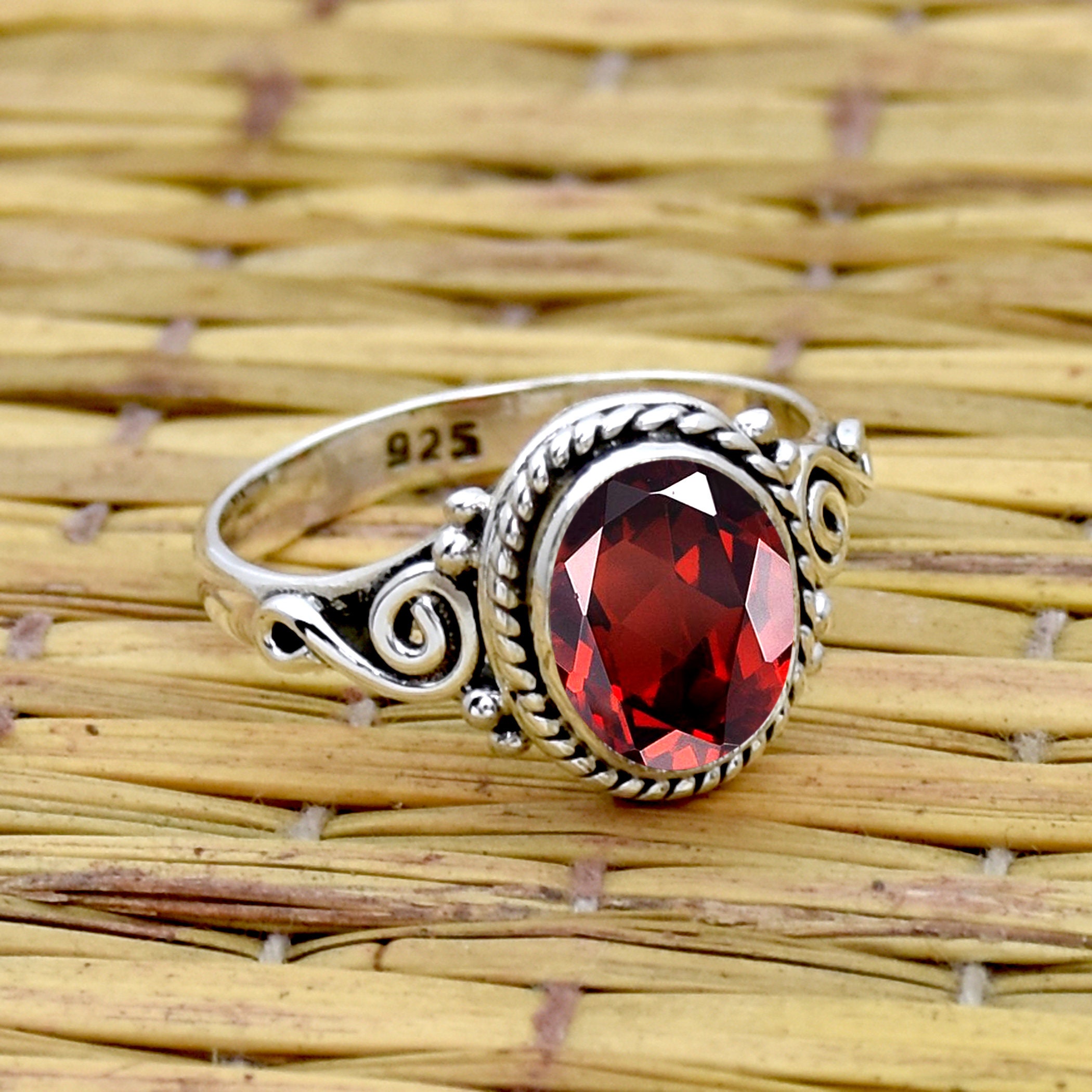 Faceted Garnet 925 Sterling Silver Ring: Handmade Filigree Design