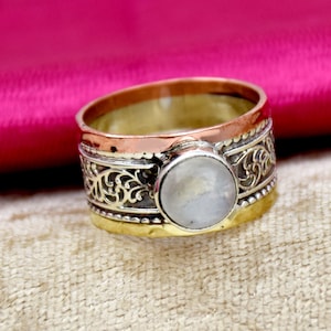 Handmade Natural Moonstone Ring: 925 Sterling Silver, Copper & Brass Band