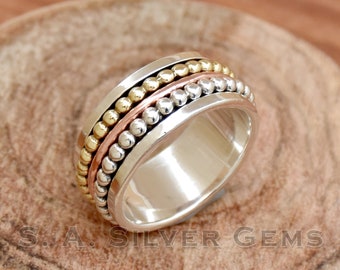 Handmade 925 Sterling Silver Spinner Ring: Three Tone Designer Band