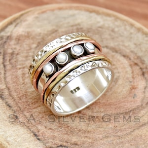 Bague perle toupie, bague trois tons faite main, bague perle, argent sterling 925, bague martelée, bague tendance, bague d&#39;anniversaire de mariage