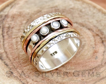 Anneau de perle de spinner, anneau de tonalité d'arbre fait à la main, anneau de perle, argent sterling 925, anneau martelé, anneau de déclaration, anneau d'anniversaire de mariage