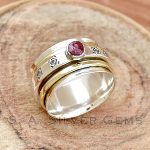 Indian Ruby Spinner Ring, Handmade Two Tone Ring, Wedding Anniversary Ring, Dainty Ring, 925 Sterling Silver Ring, Cubic Zirconia Ring