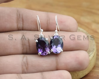 Natural Amethyst Dangle Earrings: 925 Sterling Silver, Oval Gemstone
