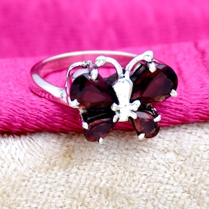 Natural Garnet Ring, 925 Sterling Silver, Butterfly Ring, handmade Ring, Multi Stones Ring, January Birthstone Ring, Garnet Silver Ring