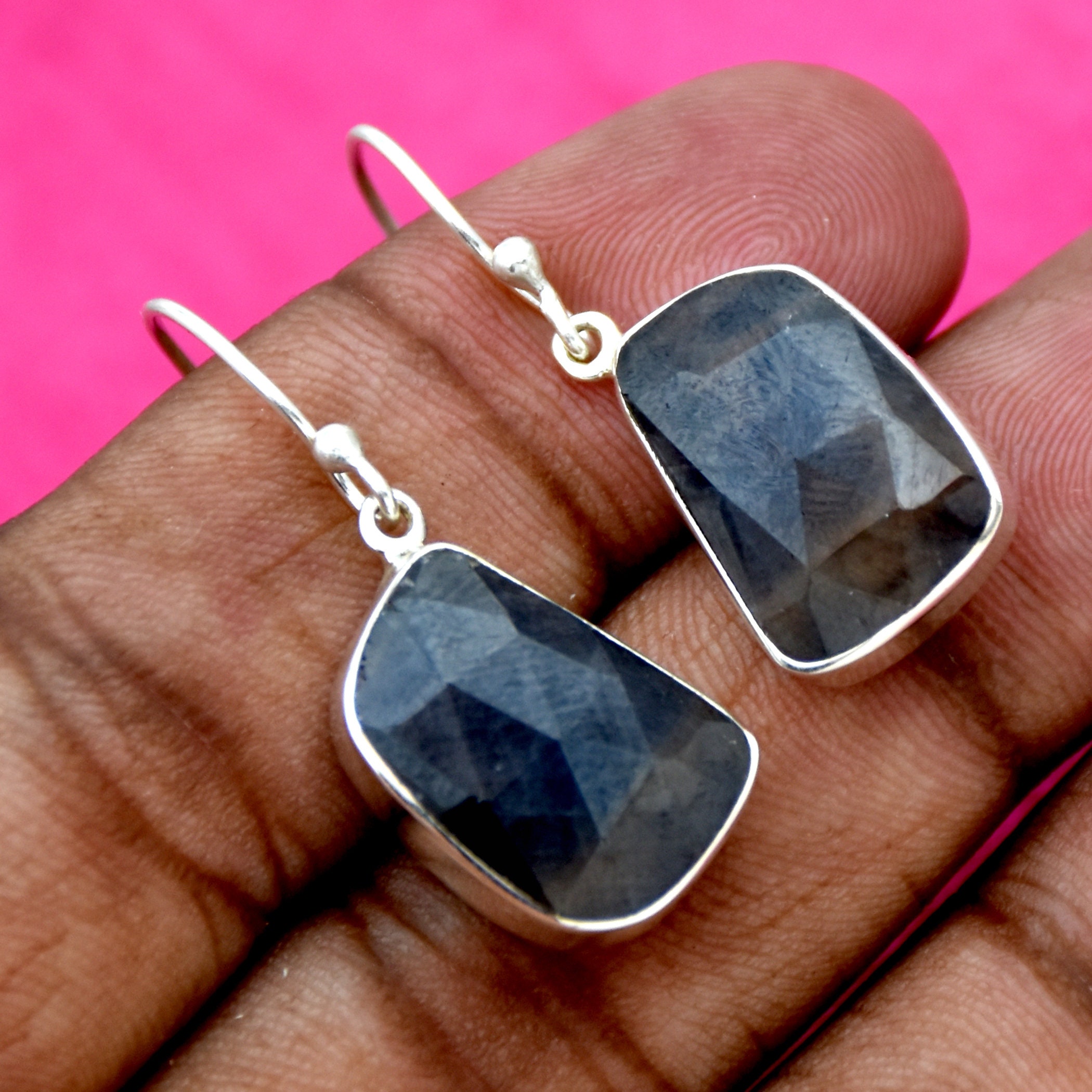 Boucles D'oreilles En Argent Massif 925 Avec Saphir Véritable - Neuves Sans Emballage