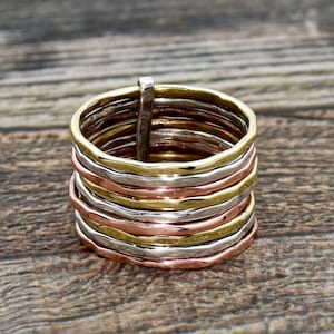 Multi-Band Silver Ring, Hammered Multi-Band Silver Ring, Two Tone Ring, Women's Silver Ring, Silver Brass Ring, Multi Band Sterling Ring