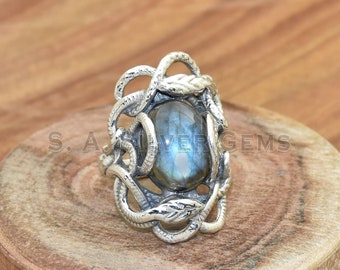 Labradorite Snake Ring: Handmade 925 Sterling Silver Thumb Ring