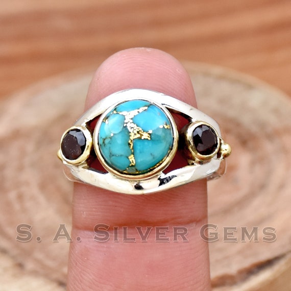 Blue Copper Turquoise & Garnet Ring, Two Tone Ring, 925