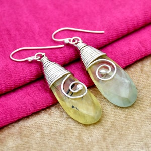 Handmade 925 Sterling Silver Prehnite Earrings: Designer Wire Wrap
