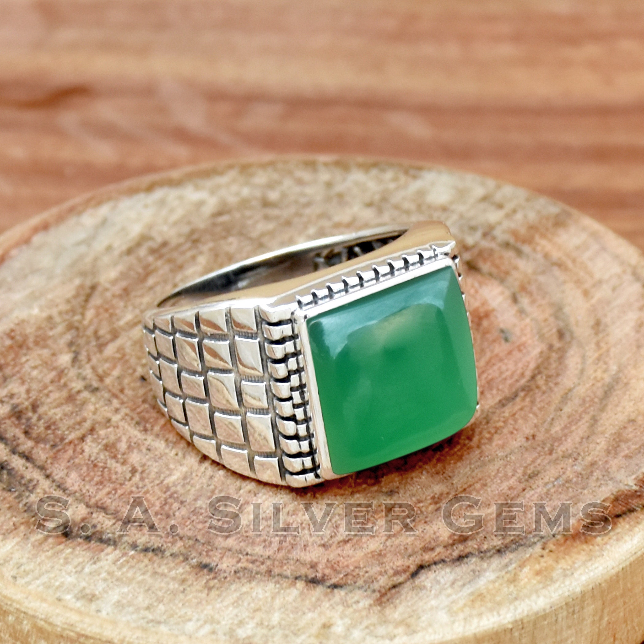 Green Onyx Mens Ring: Handmade 925 Sterling Silver Statement Ring