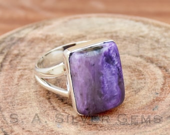 Natural Charoite 925 Sterling Silver Ring: Handmade Boho Statement