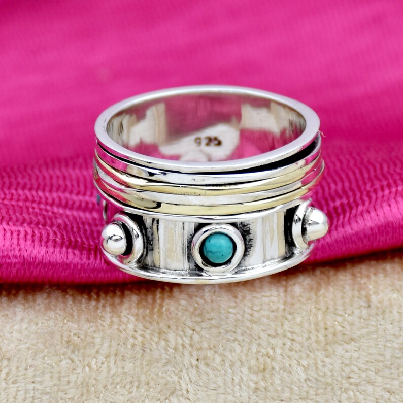 Turquoise Spinner Ring Boho Ring Wide Band Ring Meditation Spin Ring Two Tone Ring 925 Sterling Silver Women/'s Ring Handmade Ring