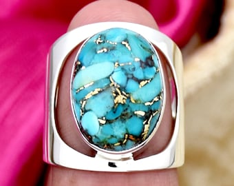 Blue Copper Turquoise Ring, 925 Sterling Silver Ring, Oval