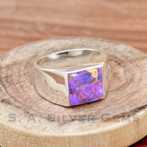 Purple Turquoise 925 Sterling Silver Men&#39;s Ring: Handmade Wedding Band