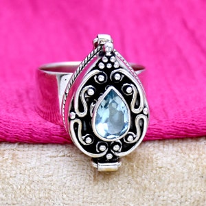 Bague empoisonnée topaze bleue, bague en argent sterling 925, bague boîte à message secret, bague d'anniversaire, bague pierre de naissance décembre, bague boîte empoisonnée