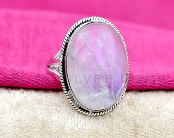 Natural Moonstone Ring, 925 Sterling Silver Ring, Handmade Ring, Statement Ring Oval Gemstone Ring Anniversary Ring, Moonstone Rainbow Ring