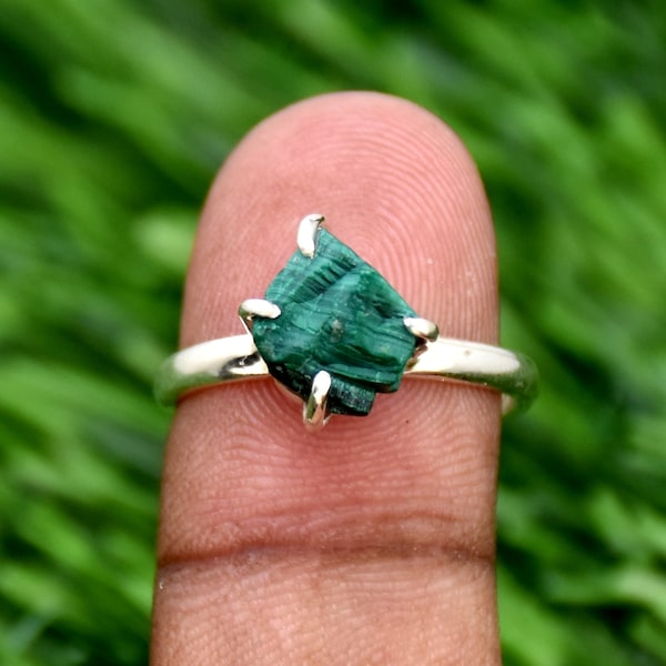 Bague En Malachite Véritable 20x15mm (30 Carats) - Argent Massif, Réglable Taille 52-59, Création Artisanale