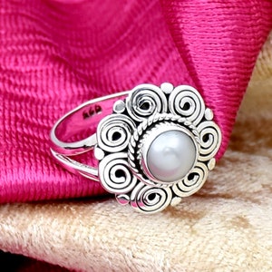 Pearl Ring, 925 Sterling Silver Ring, Women Ring, Handmade Flower Ring, Split Band Ring, Anniversary Gift, Boho Ring, Engagement Ring,