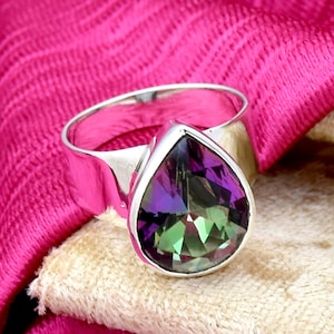 Mystic Topaz Ring, Sterling Silver Ring, Statement Ring, Teardrop Ring, Rainbow Fire Mystic Topaz Ring, handcrafted jewelry, Gift For Her